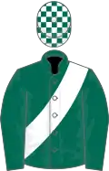 Dark green, white sash, check cap