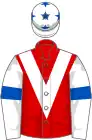 Red, white chevron, white sleeves, royal blue armlets and stars on white cap