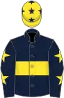 Dark blue, yellow hoop, dark blue sleeves, yellow stars, yellow cap, dark blue stars