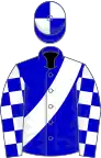 Blue, white sash, checked sleeves, quartered cap