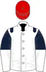 White, dark blue epaulets, dark blue and white halved sleeves, red cap