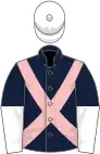 Dark blue, pink cross sashes, white halved sleeves, white cap