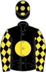 Black, Yellow disc, diamonds on sleeves, Black cap, Yellow spots