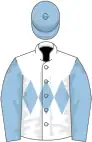 White, light blue triple diamond, light blue sleeves and cap