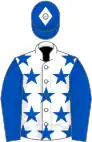 White, royal blue stars, royal blue sleeves, royal blue cap, white diamond