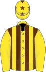 Yellow, brown stripes on body, stars on cap