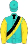 Turquoise, black and yellow sash, yellow sleeves