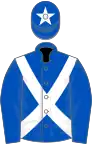 Royal blue, white cross-belts and star on cap