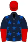 Dark blue, royal blue stars, dark blue and red halved sleeves, red cap