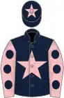 Dark blue, pink star, pink sleeves, dark blue spots, dark blue cap, pink star