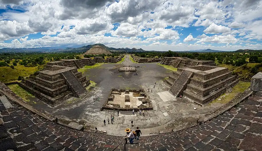 Panoramic view from the summit of the Pyramid of the Moon, with the Pyramid of the Sun in the distance.