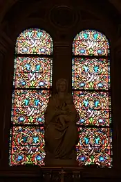 Abstract Lower central window in Chapel of the Virgin, by Paul Nicod