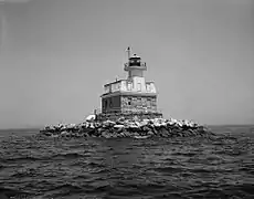 Penfield Reef Lighthouse is located in Long Island Sound off the coast of Fairfield Beach