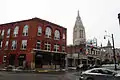 New restaurants near Centre Ave with East Liberty Presbyterian Church in background.