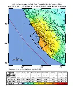 Map of the Peru coastline, showing location and strength of quake. Star marks epicenter.