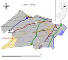 Location of Plainfield in Union County highlighted in yellow (left). Inset map: Location of Union County in New Jersey highlighted in black (right).