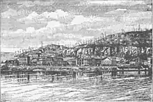 A black-and-white sketch of Pomeroy from the Ohio River