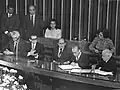 Figueiredo signs official documents during his inauguration ceremony in the National Congress, 15 March 1979