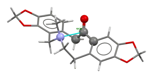 The amine-to-carbonyl n→π* interaction in protopine with an unusually short N···C distance of 2.555 Å and a Bürgi–Dunitz angle of 102°.