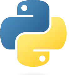 A highly abstracted symbol suggestive of the head ends of two snakes in a double helix viewed head-on, curved clockwise toward the viewer: a blue snake comes in from behind to the left, with head folding back on its body at the top, and a yellow snake comes in from behind to the right and its head folds back on its body at the bottom; the overall silhouette of the symbol forms a rough plus sign, and the eye locations are suggestive of a yin and yang.