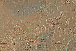 Quadrangle map of Oxia Palus labeled with major features.  This quadrangle contains many collapsed areas of Chaos and many outflow channels (thought to be carved by catastrophic floods).