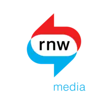 Two circular arrows, one red, one blue, with the letters r n w within them, abbout the same size as the arrows, and the word media below right in blue