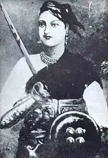 Lakshmibai, the Rani of Jhansi, one of the principal leaders of the rebellion who earlier had lost her kingdom as a result of the Doctrine of Lapse.