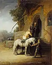 The Good Samaritan by Rembrandt (1630) shows the Good Samaritan making arrangements with the innkeeper. A later (1633) print by Rembrandt has a reversed and somewhat expanded version of the scene.