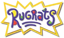 The word "Rugrats" and two small underlines in dark blue written in a child's handwriting, with red, yellow, and green dots, a white background and a jagged yellow border.