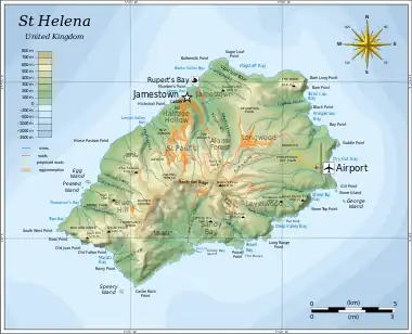 Location of the airport on St Helena, on the east side of the island