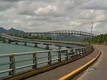 View of the San Juanico Bridge over the strait, looking southeastward.