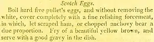 Recipe for scotch eggs, using five pullet eggs covered in forcemeat and fried until brown; served hot with gravy