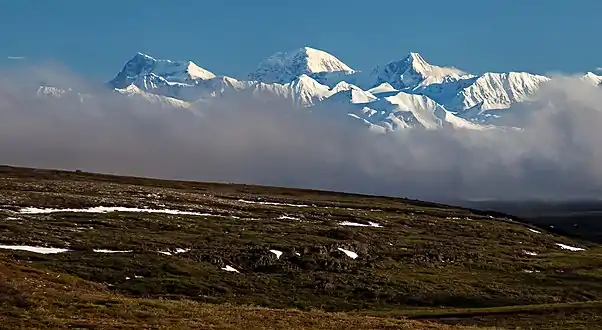 Mt. Shand (left), Moffit (center), McGinnis Peak (right) from south