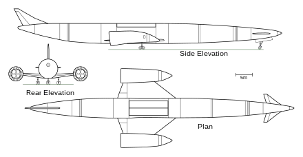 A 3-view drawing of Skylon