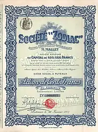 Share of the Société Zodiac fromthe 26. January 1911.