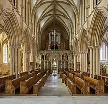 Pulpitum and choir, looking west to the nave