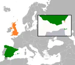 Map indicating locations of Spain and United Kingdom