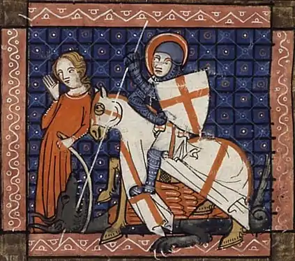 Miniature of George and the Dragon, ms. of the Legenda Aurea, dated 1348 (BNF Français 241, fol. 101v.)