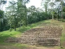 A large grassy mound with a wide stone stairway climbing from the bottom centre toward the summit at top right. The mound has scattered trees around the stairway with increasingly thick vegetation toward the far side of the structure.