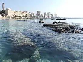 Submerged ancient columns with the skyline of the modern city in the background.