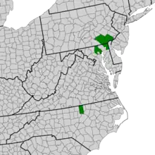 Symphyotrichum depauperatum endemic distribution map: US — Maryland (Baltimore and Cecil Counties); North Carolina (Granville County); and, Pennsylvania (Chester, Delaware, and Lancaster Counties).