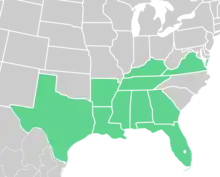 Symphyotrichum pratense native distribution map: US — Alabama, Arkansas, Florida, Georgia, Kentucky, Louisiana, Mississippi, Tennessee, Texas, and Virginia.