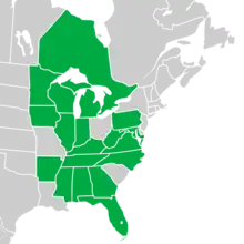 Symphyotrichum shortii native distribution map: Canada — Ontario; US — Alabama, Arkansas, Florida, Georgia, Illinois, Indiana, Iowa, Kentucky, Maryland, Michigan, Minnesota, Mississippi, North Carolina, Pennsylvania, Tennessee, Virginia, West Virginia, and Wisconsin.