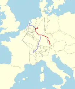 Map showing the route of the TEE Rheinpfeil in red, and the TEE Rheingold in blue, as of 1965.