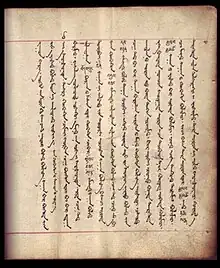 Photograph of a sheet of Mongolian writing