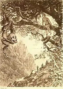 Elaborate drawing of a man sitting on a tree limb, looking at a skull on one of its branches. Two small figures can be seen on the slopes beneath him.