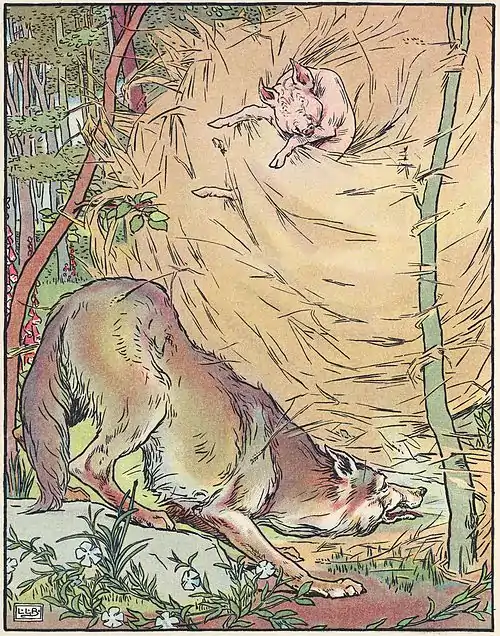 Image 7Three Little PigsArtist: Leonard Leslie Brooke; Restoration: JujutacularThe wolf blows down the straw house in a 1904 adaptation of Three Little Pigs, a fairy tale featuring anthropomorphic animals. Printed versions date back to the 1840s, but the story itself is thought to be much older. The story in its arguably best-known form appeared in English Fairy Tales by Joseph Jacobs, first published in 1890. The phrases used in the story, and the various morals which can be drawn from it, have become embedded in western culture. The story uses the literary rule of three, expressed in this case as a "contrasting three", as the third pig's brick house turns out to be the only one which is adequate to withstand the wolf.More selected pictures