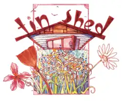 Colorful logo with the text "Tin Shed"