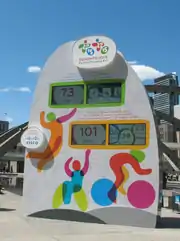 Vertical billboard sign in an oval shape, with digital clocks, logos of the Pam American Games, and images of athletes competing in sports