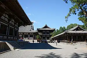 Tōshōdai-ji's shichidō garan (left to right, the kondō, the kōdō, and the korō)